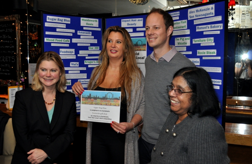 Justine Greening MP, Sarbani Mazumdar and Dan present award to Sugar Bag Blue