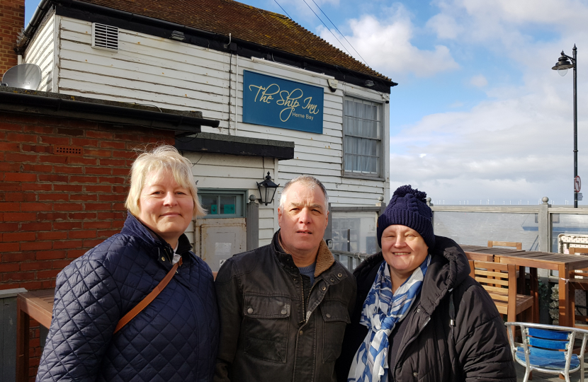 Councillor David Thomas and local campaigners Liz Harvey and Jane Thomas, outside the Ship Inn.