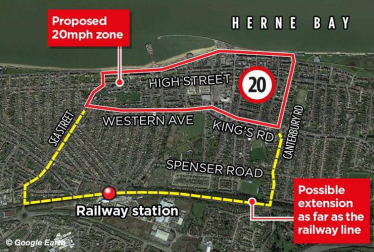 Proposed boundary of 20 mph zone in Herne Bay
