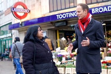 Discussing Crossrail 2 with local shop owner at Tooting Broadway